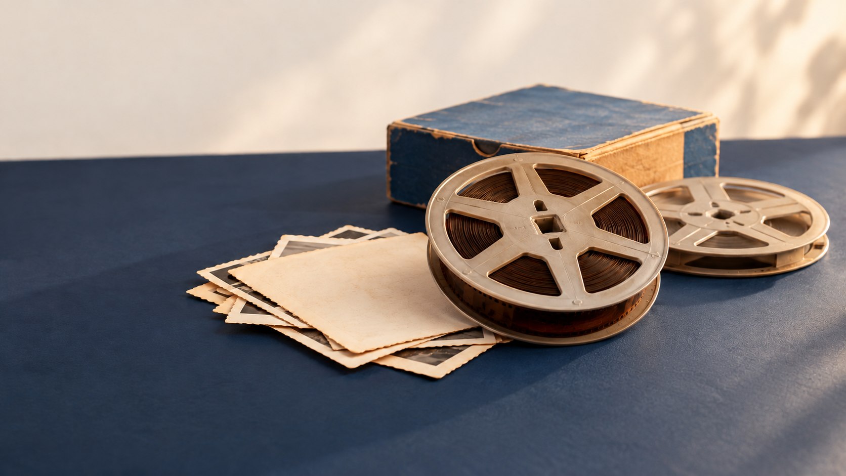 Rolos de filmes e lembranças de família sobre uma mesa